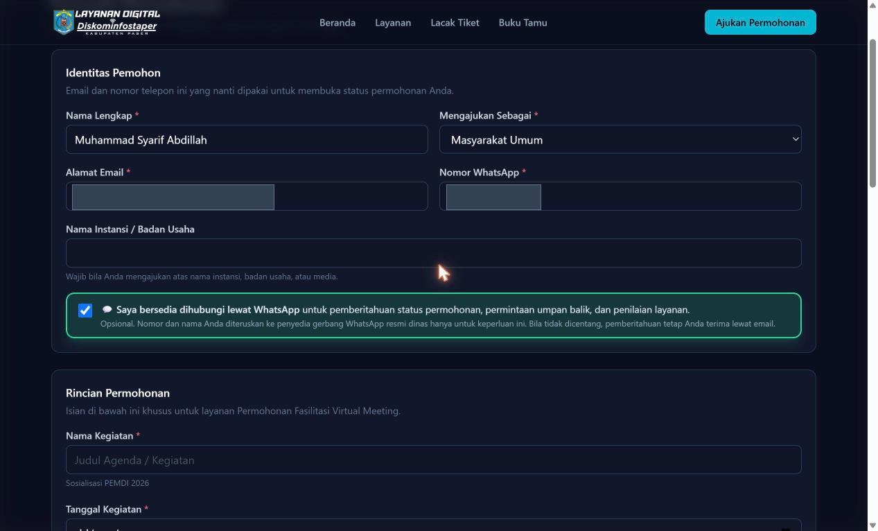 Identitas pemohon yang telah terisi beserta pernyataan kesediaan WhatsApp