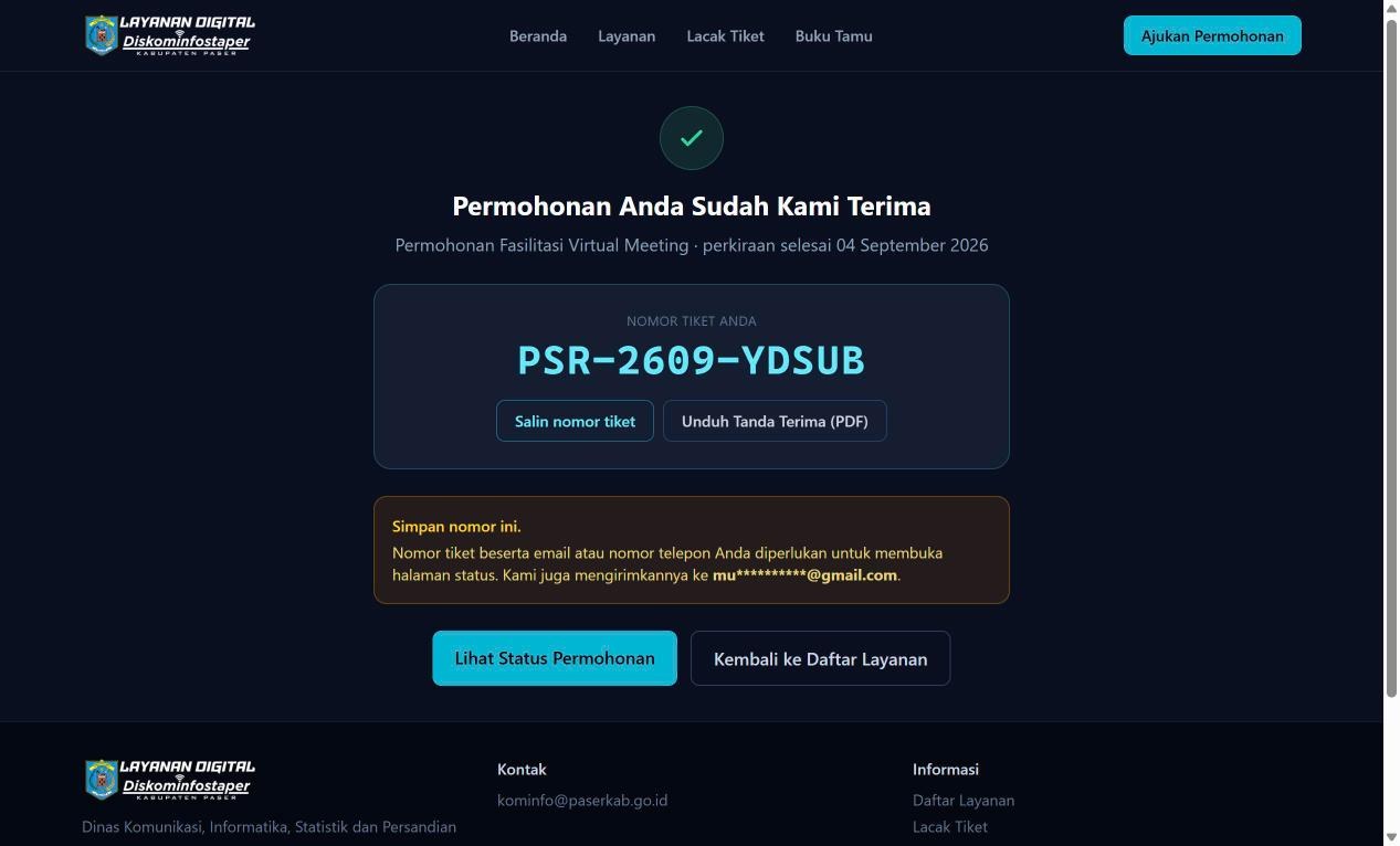 Halaman keberhasilan pengiriman yang menampilkan nomor tiket